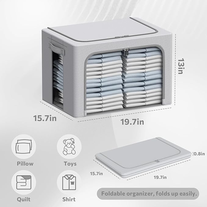 3Pack Frame Storage Box - Clothes Storage Bin Bags Oxford Fabric Foldable Stackable Container Organizer Set with Clear Window & Carry Handles Large Capacity (Grey, Large-66L)-NeatNest