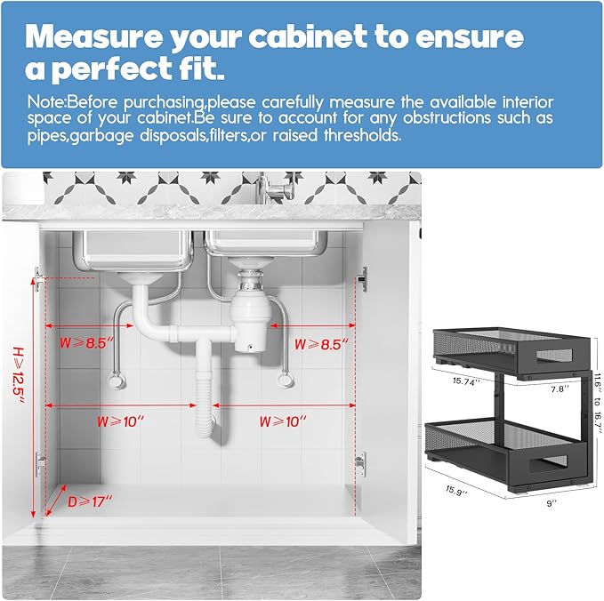 2-Pack Under Sink Organizers And Storage,Large Capacity 2-Tier Pull-Out Cabinet Organizer With Upgraded Tube Rails,Adjustable Height Sliding Drawers,Sturdy Mesh Shelves For Kitchen&Bathroom-Black-NeatNest