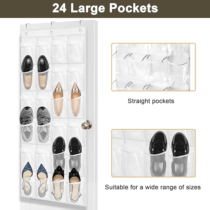 Over The Door Shoe Organizer - 2 Pack Shoe Rack for Door with 24 Pockets and Hooks, Shoe Holder Back of Door Organizers for Shoes, Hanging Shoe Organizer for Space Saving, White-NeatNest