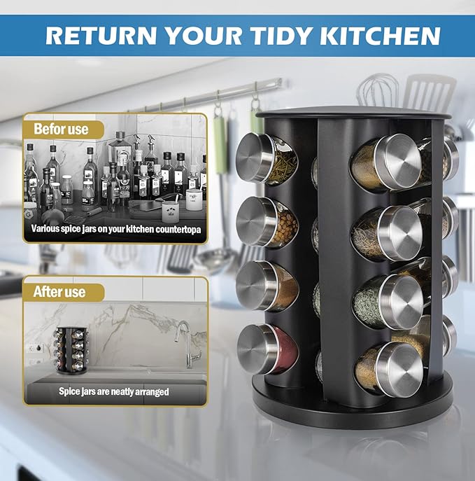 Black Countertop Rotating Spice Rack, 16-Jars Revolving Spice Rack Organizer Tower, 135 Spice Labels with Funnel Complete Set, Seasoning Organizer for Kitchen Countertop, Cabinet-NeatNest