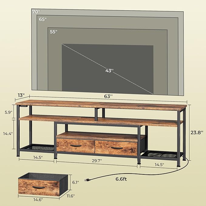Huuger TV Stand for 65, 70 Inch TV, Entertainment Center with Power Outlets and LED Lights, TV Console for Living Room, Media Console with Drawers and Shelves, Rustic Brown-NeatNest