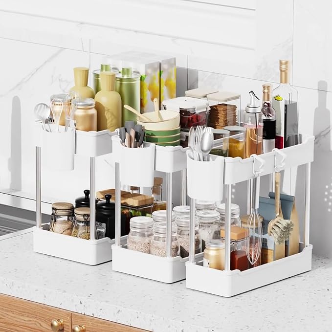 3 Pack Under Sink Organizers and Storage, 2 Tier Bathroom Cabinet Organizer Shelf with Hanging Cups for Kitchen & Bathroom (White)-NeatNest
