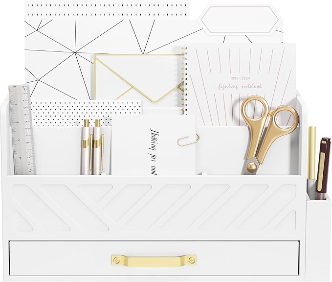 Bamboo Desk Organizer Mail Holder Countertop Wood Desk Drawer Tabletop Storage Box Pen Holder Letter Sorter Makeup Organizer for School Home Office Supplies with Pen Holder White-NeatNest