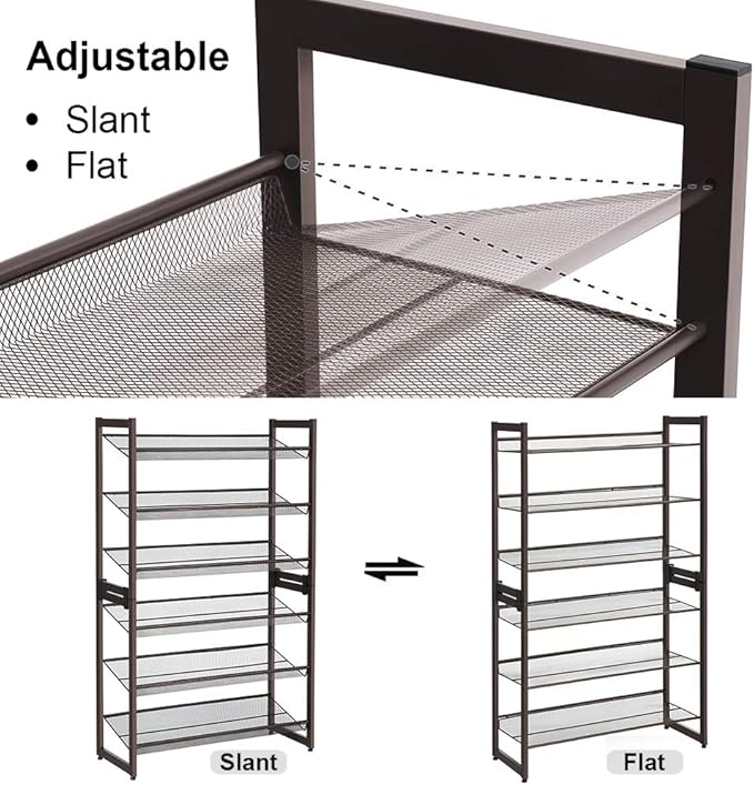 SONGMICS Shoe Rack, 6-Tier Shoe Organizer, Metal Rack for Garage, Set of 2, 3-Tier Stackable Shelf, with Adjustable Flat or Angled Shelves, 18-24 Pairs, Bronze ULMR03A-2-NeatNest