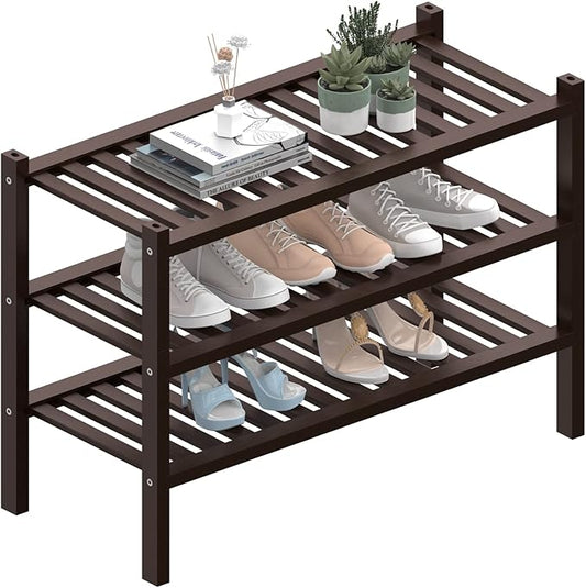 3 Tier (Thick) Bamboo Shoe Rack for Closet Free Standing Wood Shoe Shelf for Entryway Small Space Stackable 27"x12"x21" (Black Brown)-NeatNest