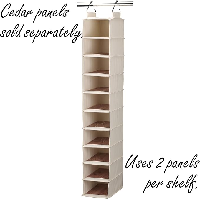 Household Essentials Hanging Shoe Organizer, 10 Wide Cubbies with Cedarline Pockets, Heavy-Duty Cotton Canvas, Removable and Industrial Hooks, Natural-NeatNest
