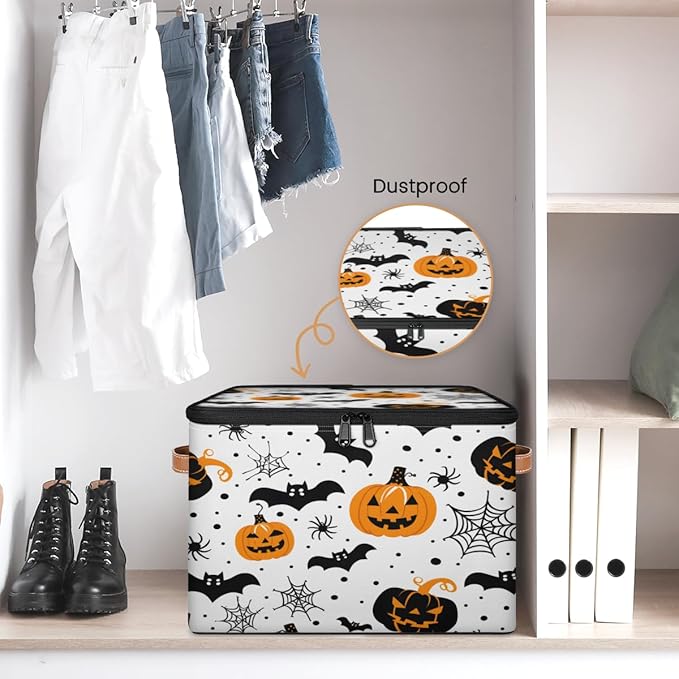 Halloween Pumpkin Storage Bins with Lids, Spiders Bat Fabric Storage Boxes with Zipper, Collapsible Decorative Closet Organizer Cube for Clothes,Organizing, Shelves-NeatNest