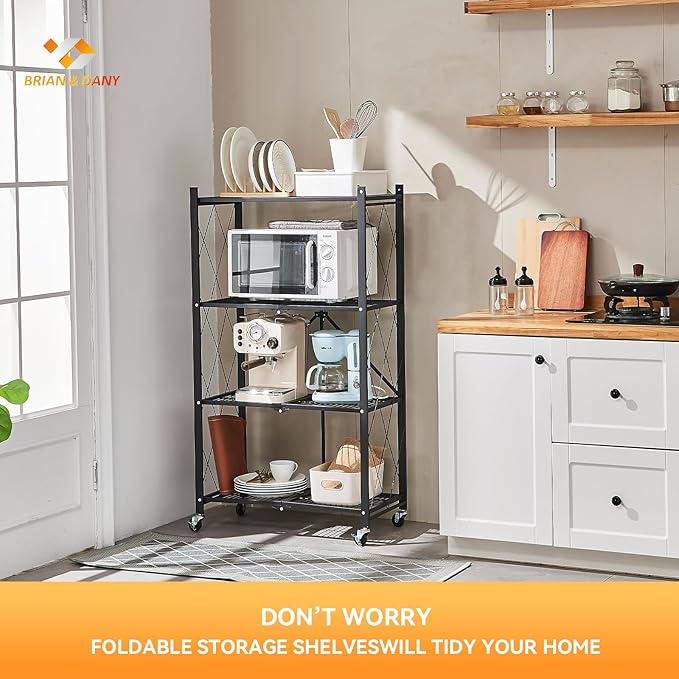 BRIAN & DANY Folding Shelf, Storage Racks and Shelving Units on Wheels, Metal Foldable Storage Shelves No Assembly for Garage, Kitchen(4 Tier)-NeatNest