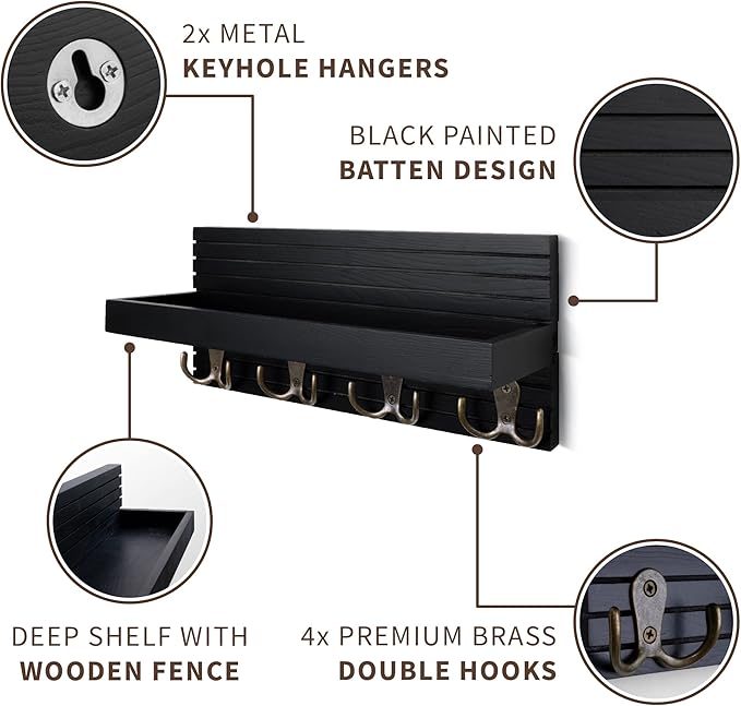 Black Wooden Key Holder - Wall Mounted Mail Organizer and Key Hanger - Modern Farmhouse Entryway Shelf with 4 Double Brass Hooks - Decorative Rack for Car Keys, Wallet-NeatNest