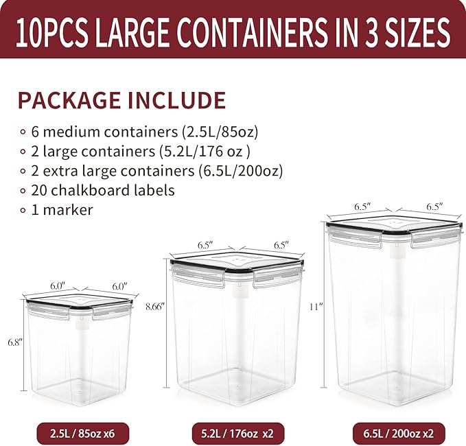 PRAKI Large Airtight Food Storage Containers with Lids, 10PCS Plastic Cereal Storage Containers, Kitchen & Pantry Organizers and Storage for Sugar, Flour, Baking Supplies with Lables & Mark