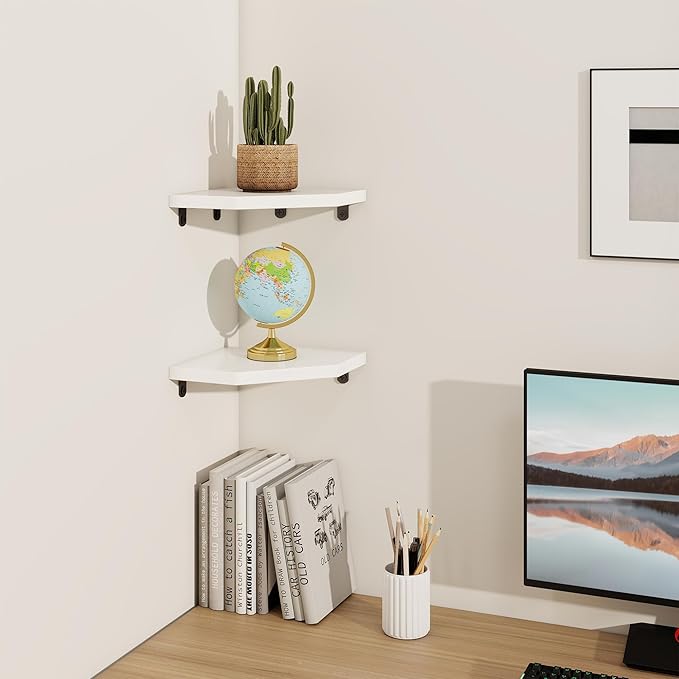 Fun Memories Corner Shelf Wall Mount, Solid Oak Wood Floating Corner Shelves with Cable Hole, 7in Rustic Design for Bedroom, Bathroom, Kitchen, Living Room (White, 1 Pack)-NeatNest