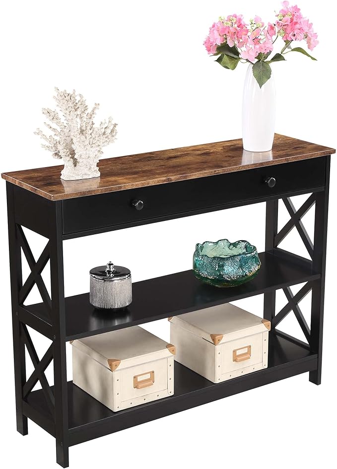 Convenience Concepts Oxford 1 Drawer Console Table with Shelves, Barnwood/Black-NeatNest