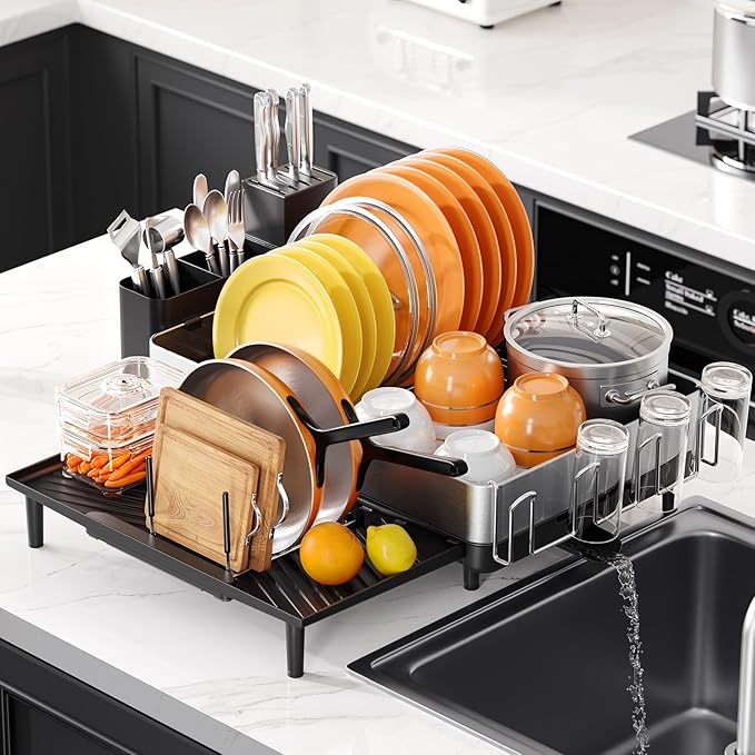 Expandable Dish Drying Rack for Kitchen Counter, 304 Stainless Steel Dish Rack, Multi-Function Dish Drainer, Large Dish Strainer with Cup Holder, Cutlery Holder, Extendable Large Size Silver