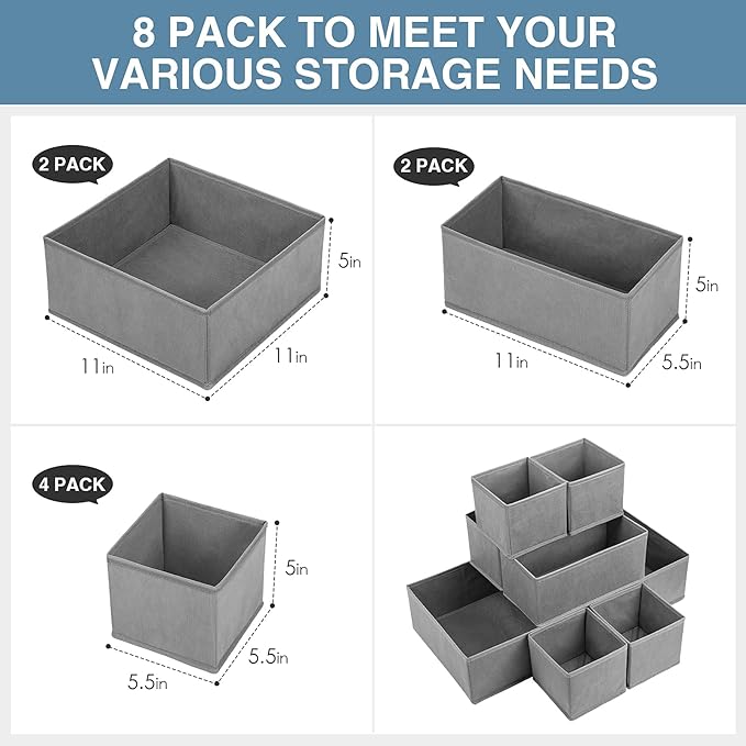 Criusia Drawer Organizer Clothes, 8 Pack Underwear Organizer, Foldable Closet Organizers and Storage Dresser Dividers for Clothes, Socks, Scarves, Ties (Gray)-NeatNest