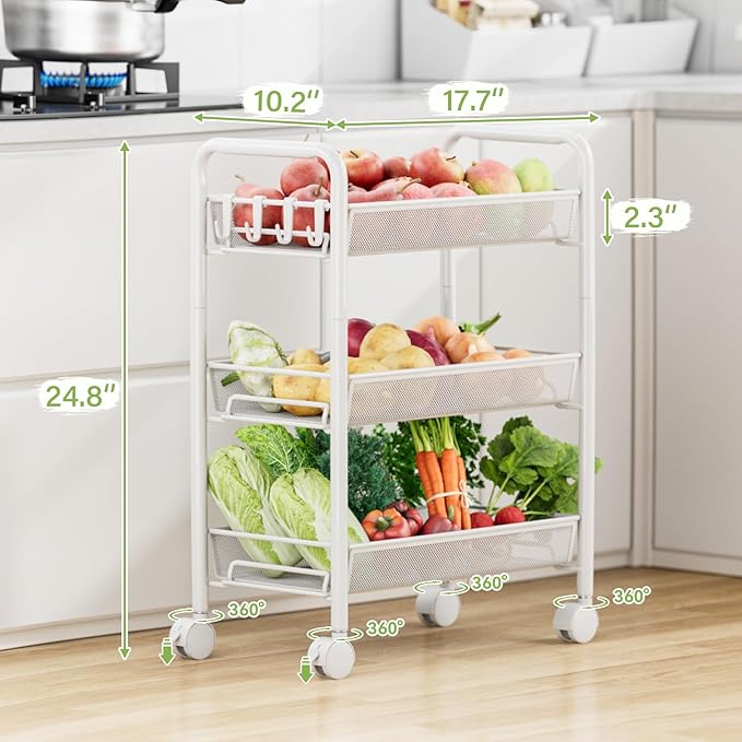 JANE EYRE 3-Tier Rolling Utility Storage Rack Cart on Wheels, Trolley Craft cart, Multi-Purpose Organizer Shelf, White-NeatNest