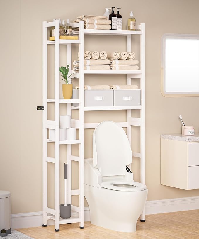 Homde Over The Toilet Storage with Basket and Drawer, Bamboo Bathroom Organizer with Adjustable Shelf & Waterproof Feet Pad, Space Saver Rack for Restroom, Laundry,White-NeatNest