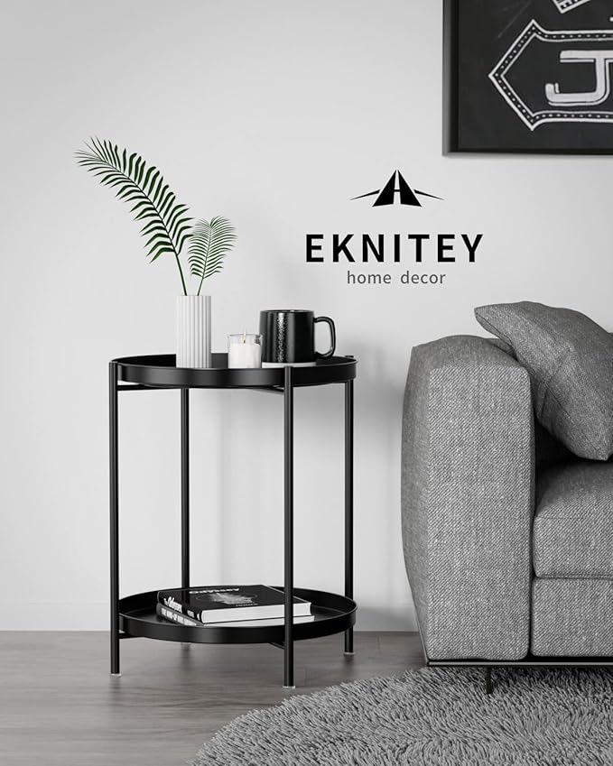 EKNITEY 2 Tier End Table - Metal Side Table Waterproof Small Sofa Coffee Side Tables Bedroom Indoor Outdoor with Removable Tray for Living Room Bedroom Balcony and Office (Black)-NeatNest