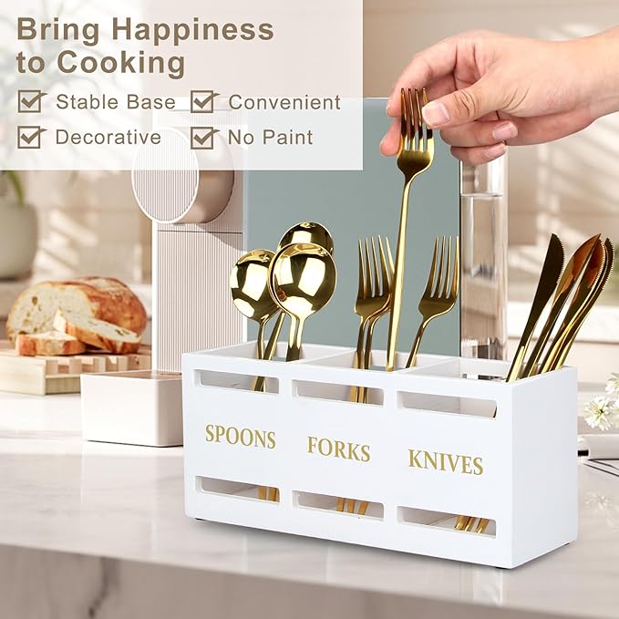 Ayiaren Wood Flatware Silverware Caddy White Cutlery Holder Kitchen Utensils Holder for Party Wooden Silverware Organizer for Countertop Knife Spoon and Fork Holder Table Utensil Caddy Organizer-NeatNest