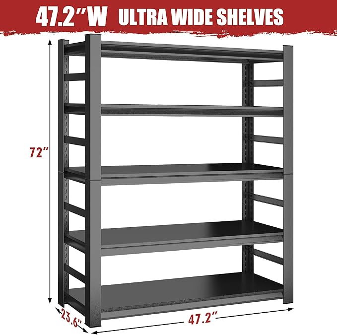 47.2" W Garage Shelving Heavy Duty Storage Shelves 5 Tier Adjustable Heavy Duty Shelving 4000LBS Metal Shelves for Garage Storage Rack Utility Rack Industrial Shelf 72" H x 47.2" W x 23.6" D-NeatNest