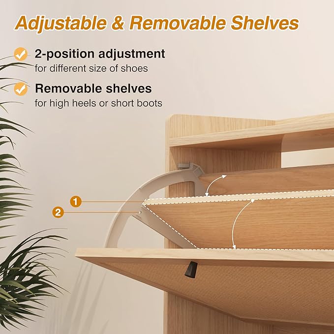 AVZEAR Narrow Shoe Storage Cabinet for Entryway with 2 Flip Drawers, Freestanding Shoe Cabinet with Natural Linen Panel, Slim Wood Shoe Organizer Closed Shoe Rack for Hallway, Foyer(Natural)-NeatNest