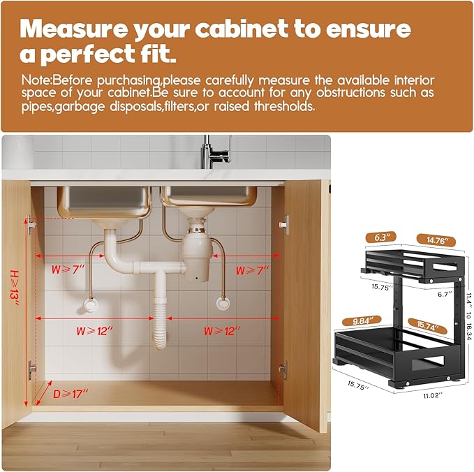 2-Pack Under Sink Organizers and Storage,2-Tier L Shape Pull Out Cabinet Organizer With Round Tube Slide Rails,Hight Adjustable Slide Out Drawers for Kitchen&Bathroom,Multi-Purpose Storage Shelf-Black-NeatNest