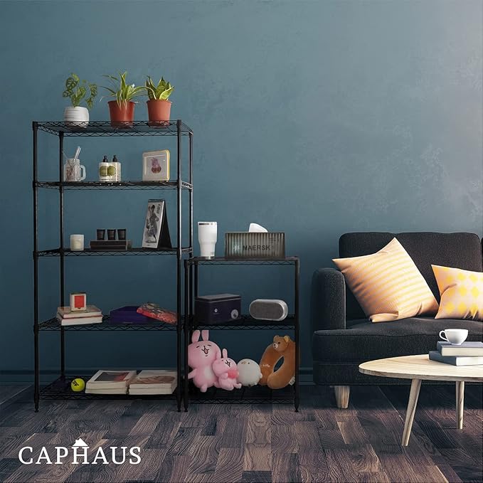 CAPHAUS 3/4/5-Tier Adjustable Height Wire Shelving Unit, Metal Steel Storage Shelve, Rack Shelving, Garage Shelving Storage Organizer, Utility Storage Shelf, 3-Tier Without Wheels, Black-NeatNest