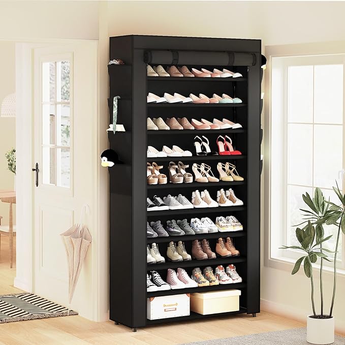 Mavivegue Shoe Rack with Cover, 10 Tier Tall Shoe Storage for 50-55 Pairs of Shoes, Shoe Organizer for Entryway, Closet-NeatNest