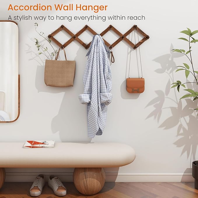 Homode Vintage Wood Expandable Peg Rack- Multi-Purpose Accordion Wall Hangers with 13 Hooks for Hats, Coat, Mugs, Scarf, Jewelry Storage-NeatNest