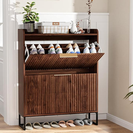 VINGLI Fluted Shoe Cabinet Storage for Entryway,Hidden Shoes Storage Cabinet with 2 Flip Drawers, Mid Century Modern Shoe Rack Organizer,Free Standing Shoes Organizer for Hallway(Dark Walnut)-NeatNest