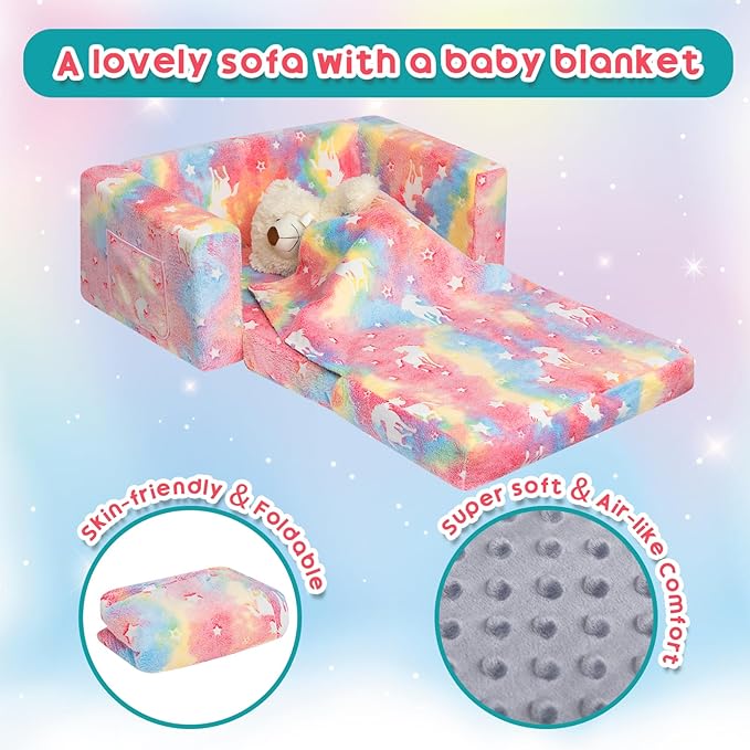 ALIMORDEN Fold Out Toddler Couch, Extra Wide Comfy 2-in-1 Cuddly Sherpa Sofa for Kids, with Removable Baby Friendly Blanket, Convertible Sofa to Bed, Unicorn-NeatNest