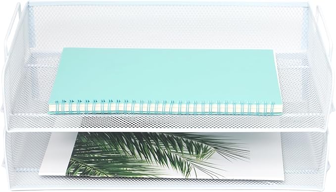 EASEPRES 2 Pack Stackable Desk Paper Tray, Metal Mesh Desktop Document Letter File Organizer for Office Home School, 13.5'' L x 9.75'' W x 5.5'' H, White