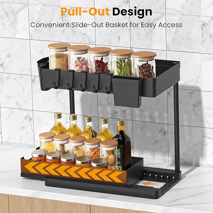 2 Pack Under Sink Organizer, 2 Tier Bathroom Organizers and Storage, Cabinet Organizer with Hook, Multi-Purpose Under Sink Organizers and Storage for Bathroom & Kitchen, Bedroom (Black)-NeatNest