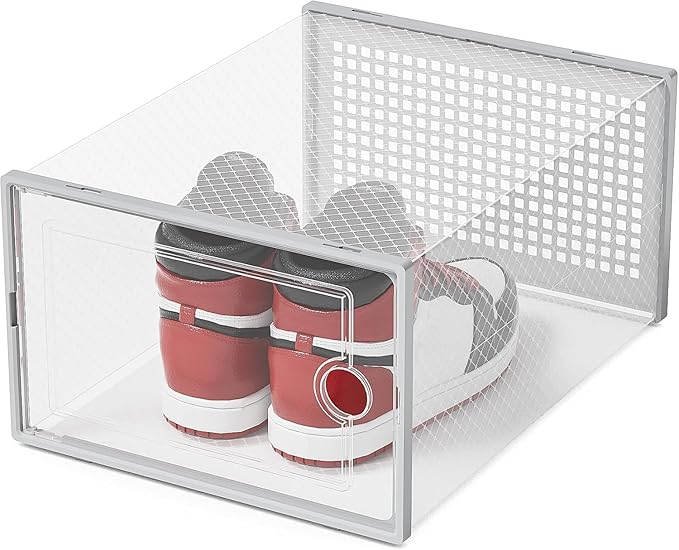 Kuject XX-Large Shoe Storage Boxes Organizers Clear Plastic Stackable 12 Pack, Shoe Rack & Holder Substitute, Sneaker Containers, Toy Storage Organizer Bins for Entryway, Closet, Under Bed, Grey-NeatNest