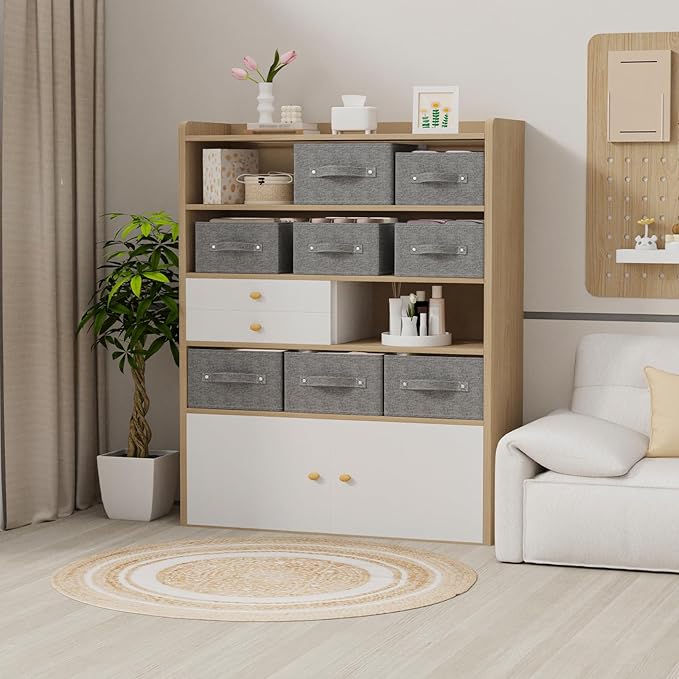 Collapsible Storage Boxes, Fabric Laundry Bins, Cube Baskets for Organizing Home, Office and Closet, Grey, 2 Pack, 16.1x9.8x6.4in-NeatNest