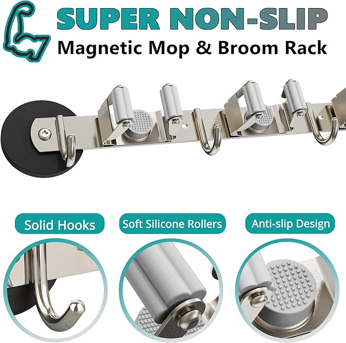 ULIBERMAGNET Magnetic Broom Holder,Heavy Duty Movable Magnetic Mop Holder Rack,Anti-slip Wall Mounted Utility Storage Mop Shovel Hanger for Garage, Kitchen, Laundry, Garden(3 Racks / 4 Hooks)