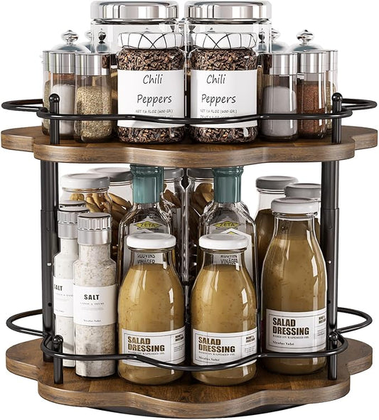 2 Tier Lazy Susan Organizer,2-Tier Spinning Spice Rack with Stable Carousel Base & 4 Height Settings for Cupboard Kitchen Countertop Dining Table Cupboard (Two-Ply(Petal Shape))