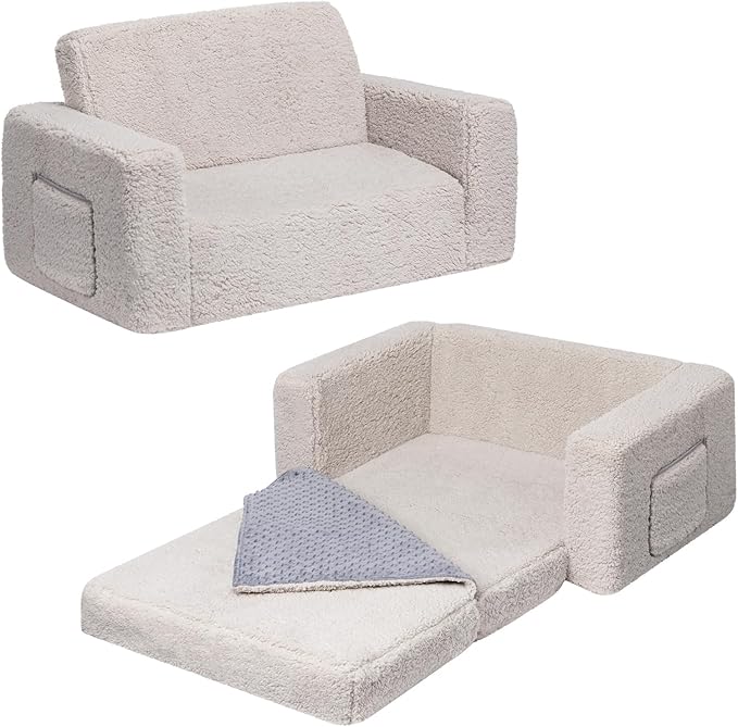 ALIMORDEN Fold Out Toddler Couch, Extra Wide Comfy 2-in-1 Cuddly Sherpa Sofa for Kids, with Removable Baby Friendly Blanket, Convertible Sofa to Bed, Light Grey-NeatNest