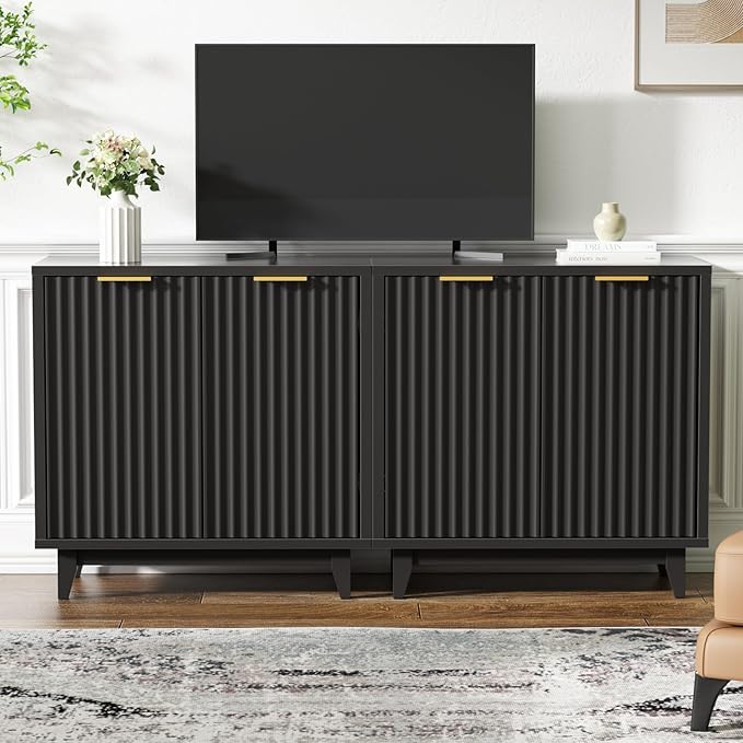 Fluted Cabinet with Storage, 2 Doors Sideboard Buffet, Mid Century Modern Accent Cabinet with Adjustable Shelves, Multifunctional Console Table with Storage for Living Room, Kitchen, Entryway
