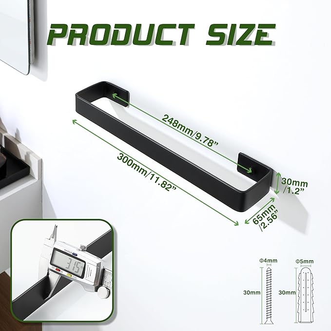 Alise Bath Hand Towel Holder Black Towel Bar for Bathroom Wall Mount,SUS304 Stainless Steel Towel Rack for Bathroom and Lavatory,Kitchen,12'' Towel Hanger Towel Rail