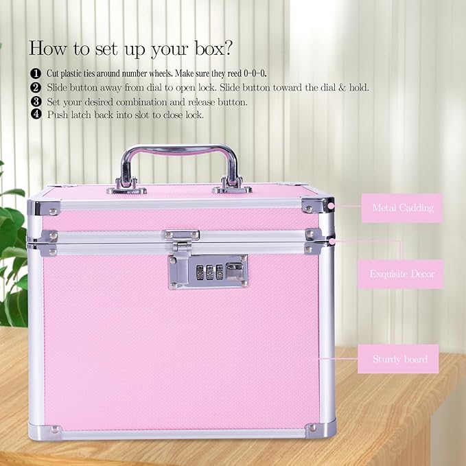 Medication Combination Lock Boxes with Code for Personal Items, Medicine Lockbox for Documents 10 x 7.25 x 7.75 Inches Pink