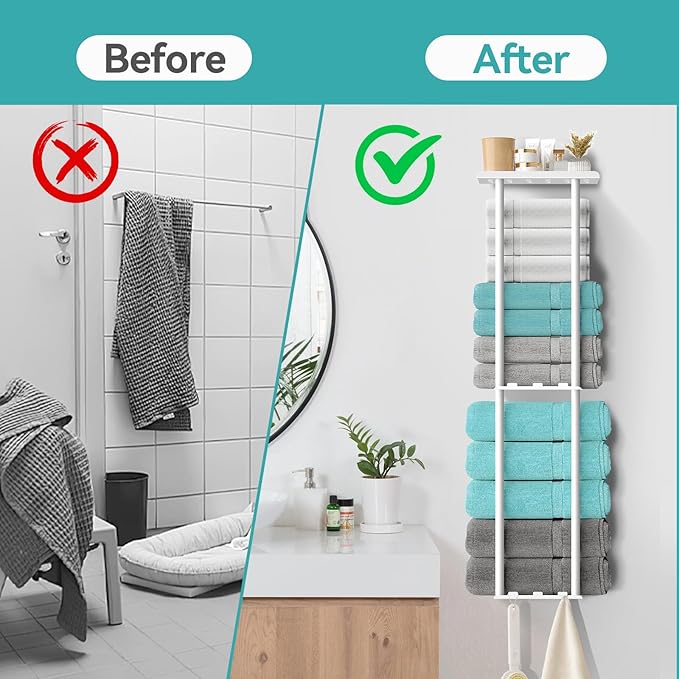 Towel Racks for Bathroom, 36.6 inch Metal Towel Storage, 8 Large Bath Towels Capacity, 3-Tier Towel Holder for Bathroom, with Shelf & 6 Hooks, Wall Mounted Towel Rack for Rolled Towels, White