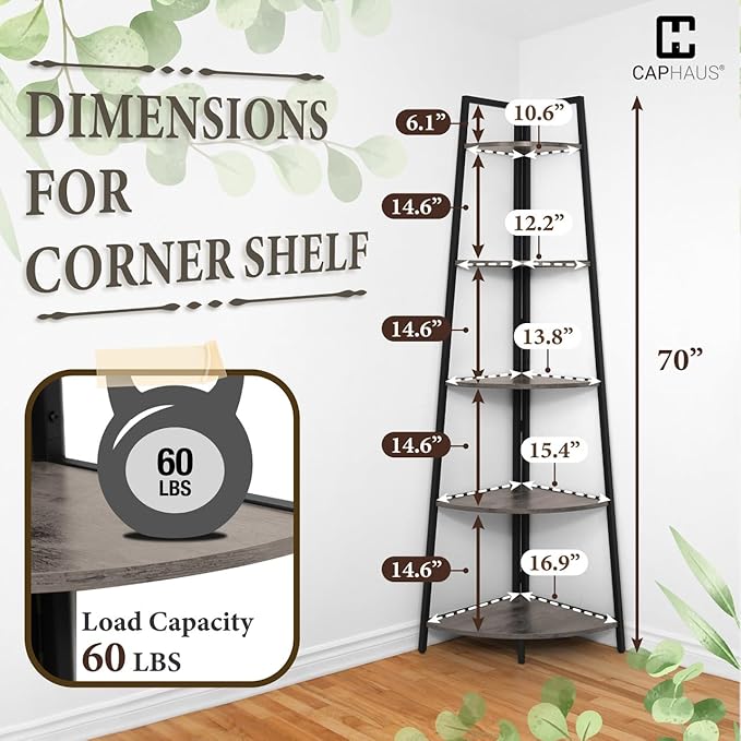 CAPHAUS Tall Corner Shelf Stand, 5-Tier Display Shelves, Ladder Corner Wood Storage Plant Bookshelf with Metal Frame, Versatile Shelving Unit Bookcase for Home Office Space, Dark Grey-NeatNest