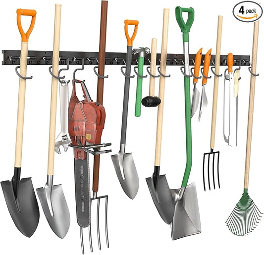 TORACK Plastic Wall Mounted Mop and Broom Holder, Garden Tools Organizer for Garage Wall, Yard Tool Storage Rack for Rakes, Shovels, Mops, Brooms (4 Tracks, 16 Hooks)-NeatNest