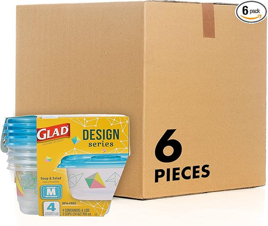 Glad GladWare Design Series Food Storage Containers - Medium Rectangle - Meal Container Holds up to 24 Ounces of Food - Lock Tight Seal, 4 Count - 6 Pack