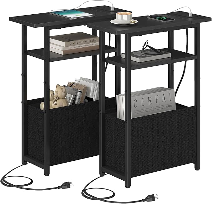 Narrow Side Table with Charging Station Set of 2, Small End Table for Small Spaces, Skinny Nightstands Set 2 with Storage Basket, 3 Tier Sofa Bedside Tables for Living Room,Bedroom, Black