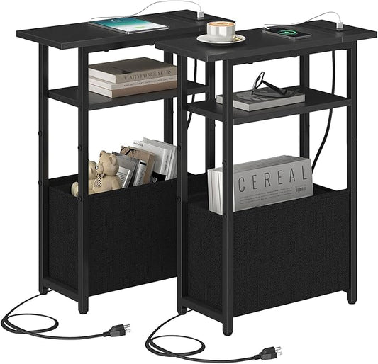 Narrow Side Table with Charging Station Set of 2, Small End Table for Small Spaces, Skinny Nightstands Set 2 with Storage Basket, 3 Tier Sofa Bedside Tables for Living Room,Bedroom, Black