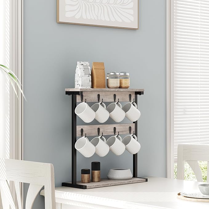Coffee Mug Holder for Counter, 2 Tier Mug Tree Rack, with 8 Hook and 2 Open Shelves, Vintage Mug Holder Stand for Home Kitchen, Greige MH43BG-NeatNest