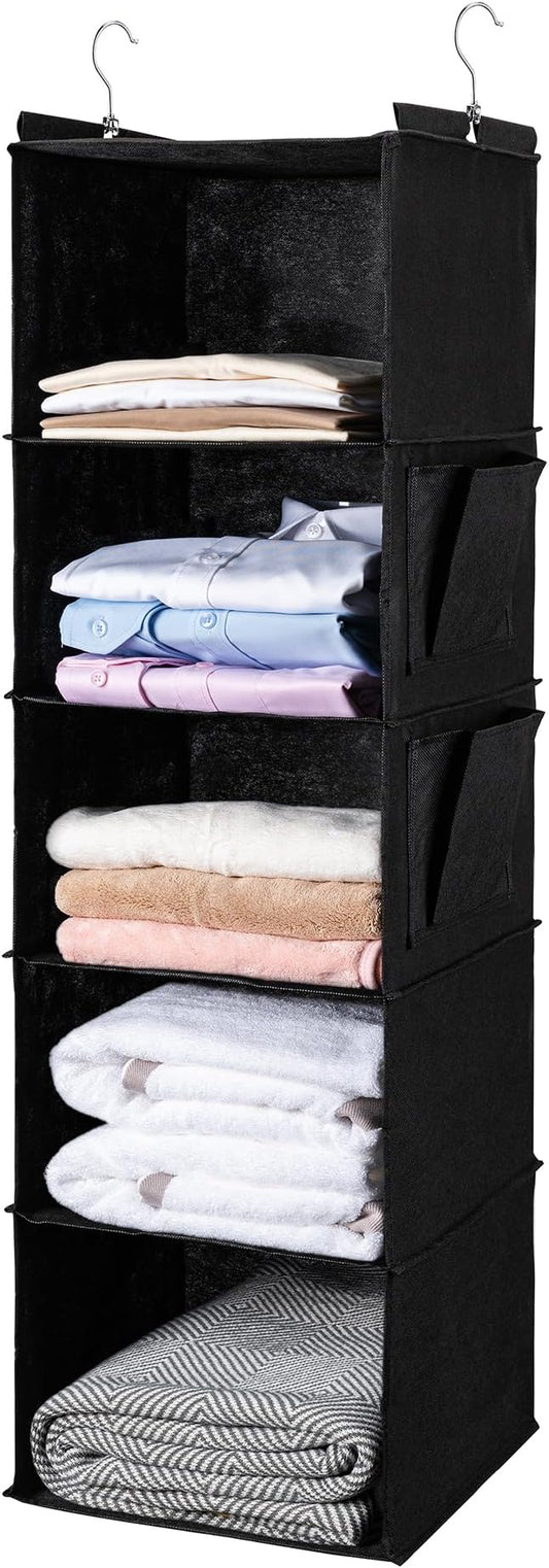 BOOMIBOO Hanging Closet Organize and Shelves，5-Hanging Shelf with 2 Side Pockets，Storage Foldable （Black）-NeatNest