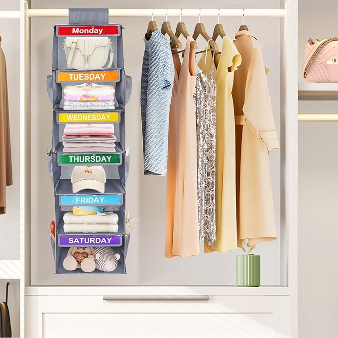 6-Shelf Weekly Closet Hanging Organizer for Kids, 6-Grid Days of the Week Baby Kids Clothing Organizer Monday through Saturday, Foldable Oxford Cloth Closet Clothes Weekday Storage (Gray)-NeatNest