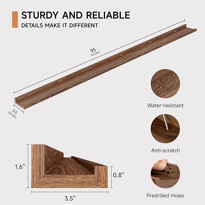 Floating Picture Ledge Shelves for Wall Set of 2, 95 Inches Picture Ledge Shelf with Long Large Nursery Book Shelf for Toys Storage Kids Bookshelf Wall Mounted Living Room Bedroom Decor Frames, Walnut-NeatNest